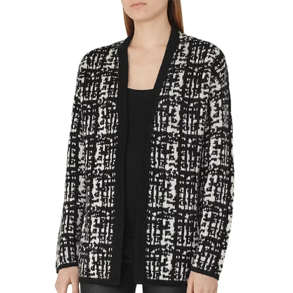 Reiss Nico Cardigan Textured Black White Abstract Intarsia Knit Open Front Large